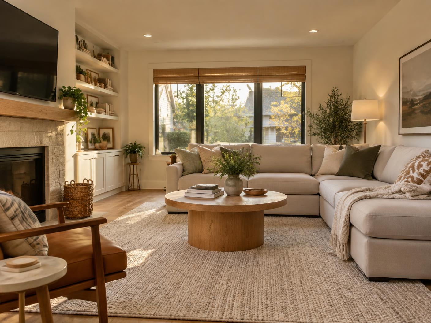 Warm family room with a sectional sofa, fireplace, and natural light