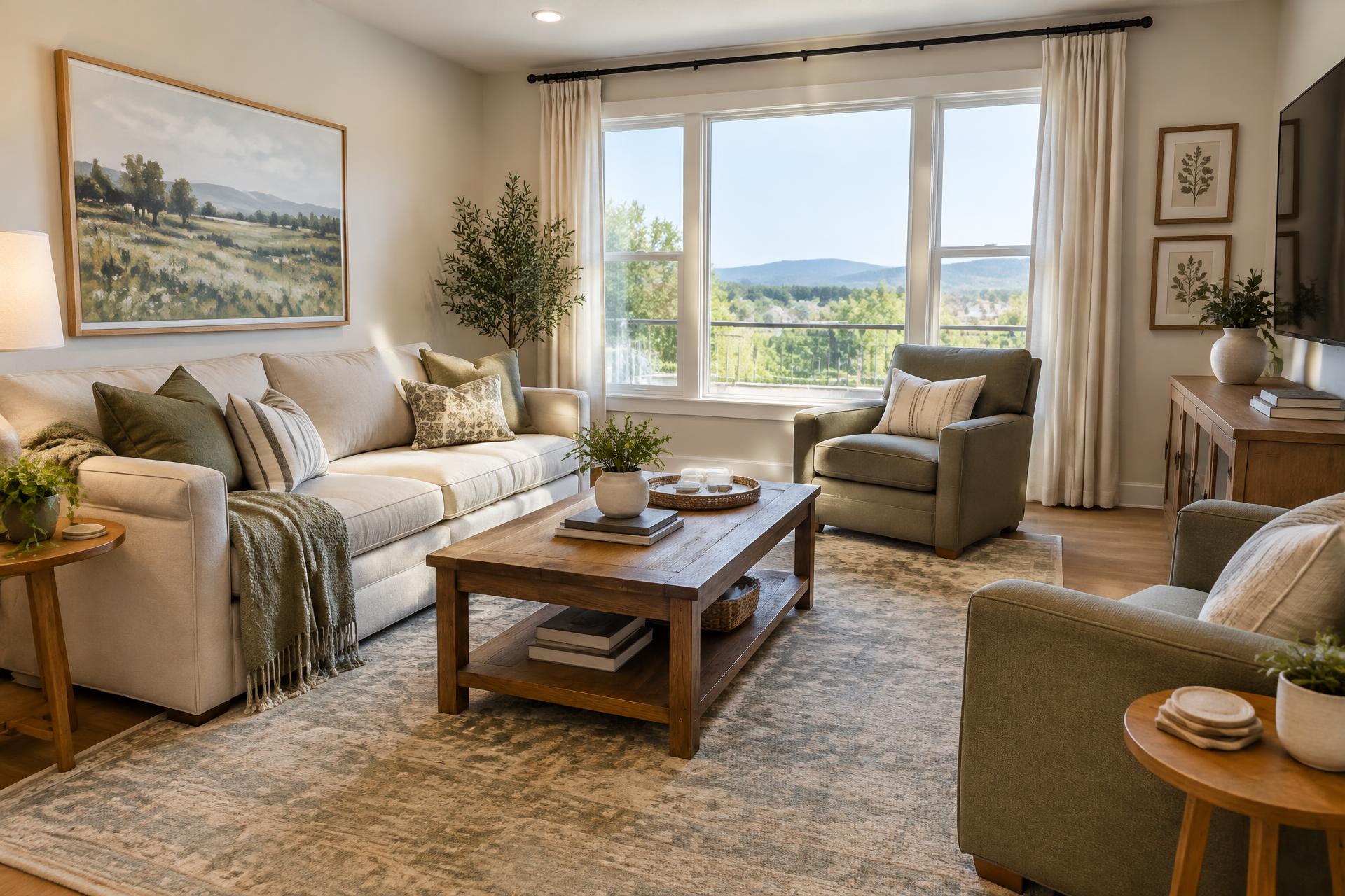 Warm, comfortable furnished living room with natural light