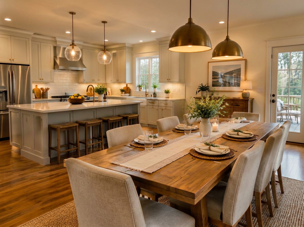 Bright kitchen and dining area with a family-size table