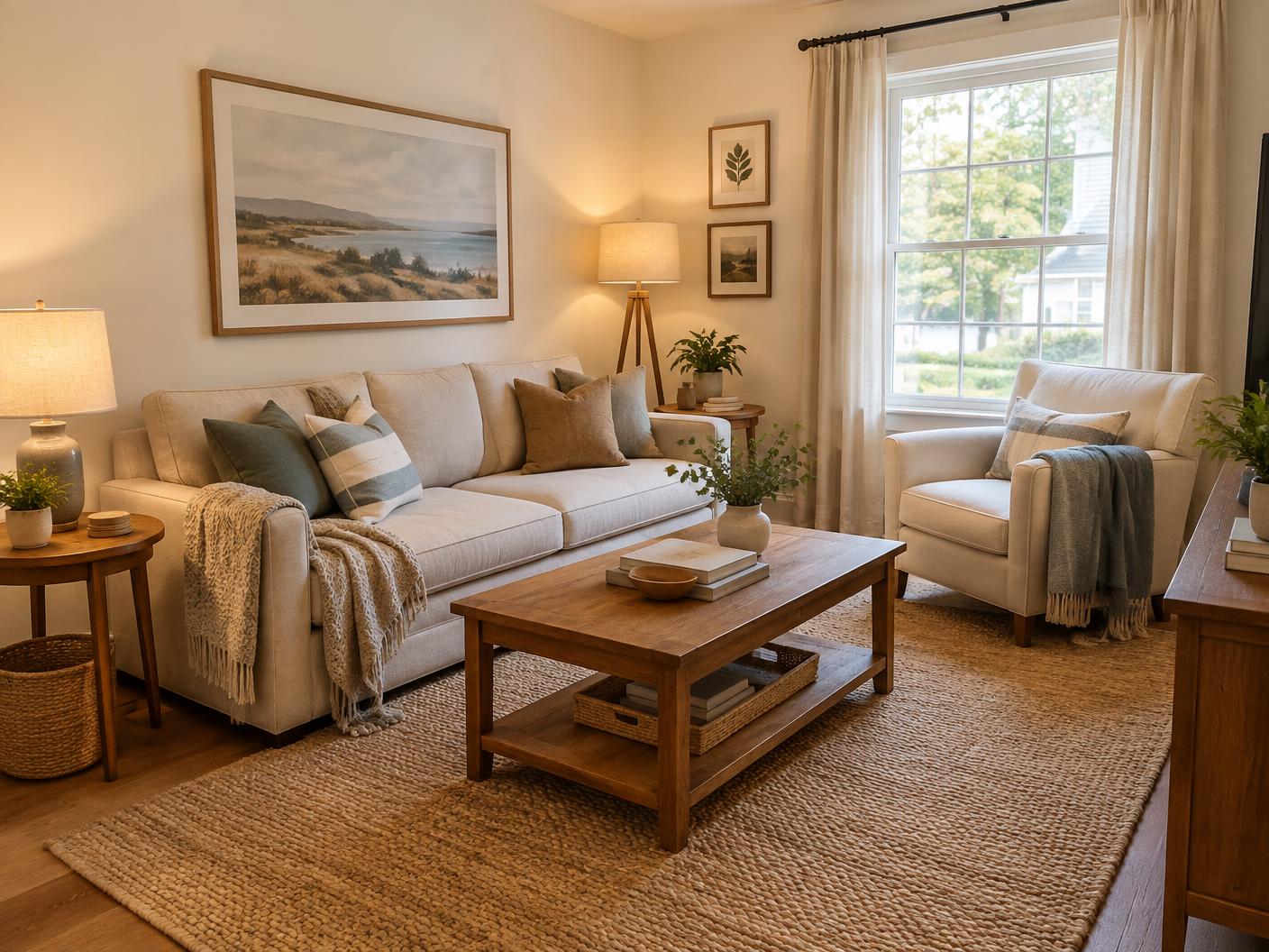 Clean, comfortable furnished living room with natural light